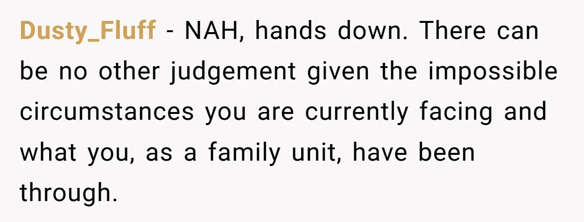 Dusty_Fluff − NAH, hands down. There can be no other judgement given the impossible circumstances you are currently facing and what you, as a family unit, have been through.