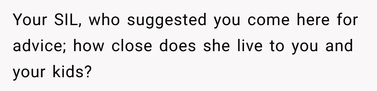 Your SIL, who suggested you come here for advice; how close does she live to you and your kids?