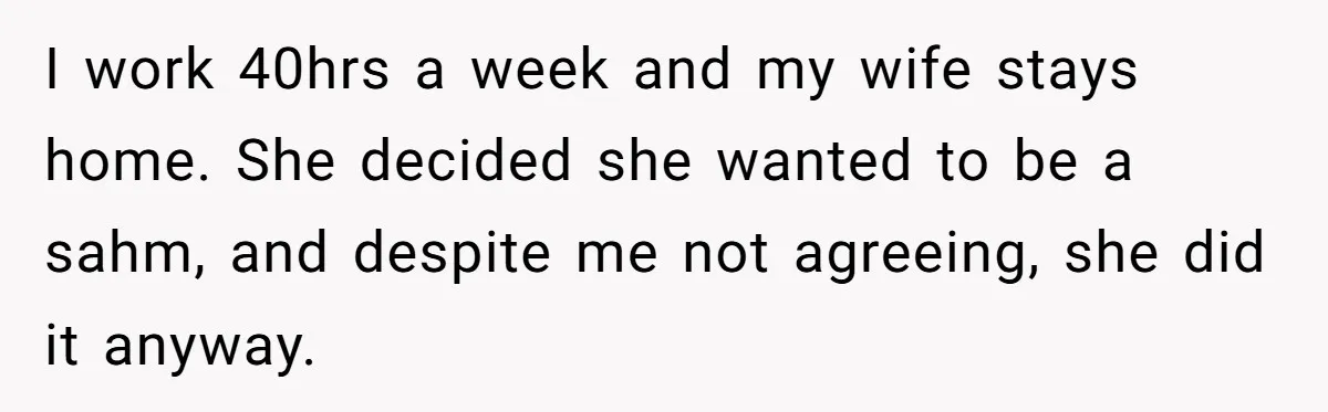 Man Thinks His Stay-At-Home Wife Should Handle Most Of The Housework Since He Pays All The Bills, Is He Wrong? I work 40hrs a week and my wife stays home. She decided she wanted to be a sahm, and despite me not agreeing, she did it anyway.