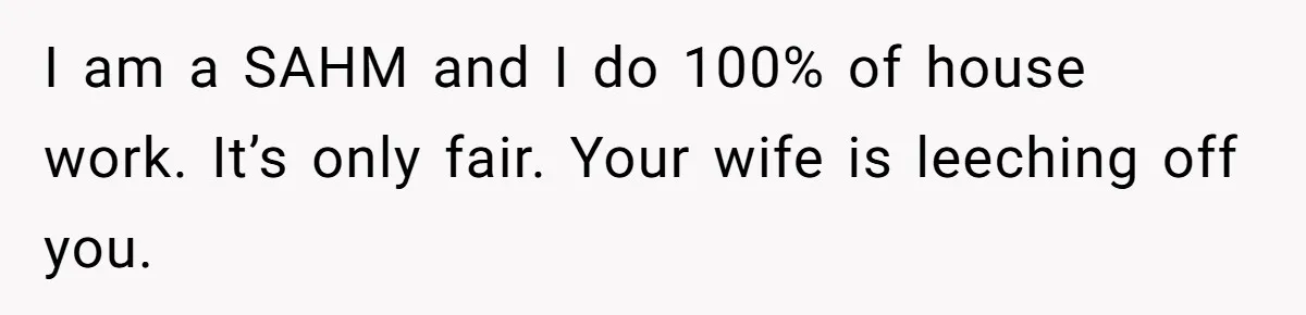 Man Thinks His Stay-At-Home Wife Should Handle Most Of The Housework Since He Pays All The Bills, Is He Wrong? I am a SAHM and I do 100% of house work. It’s only fair. Your wife is leeching off you.