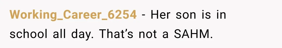 Man Thinks His Stay-At-Home Wife Should Handle Most Of The Housework Since He Pays All The Bills, Is He Wrong? Working_Career_6254 − Her son is in school all day. That’s not a SAHM.
