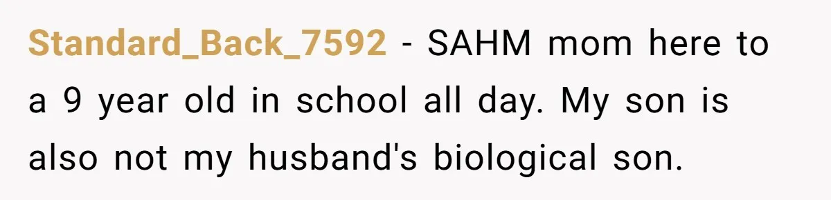Man Thinks His Stay-At-Home Wife Should Handle Most Of The Housework Since He Pays All The Bills, Is He Wrong? Standard_Back_7592 − SAHM mom here to a 9 year old in school all day. My son is also not my husband's biological son.