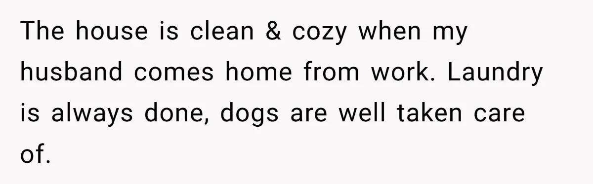 Man Thinks His Stay-At-Home Wife Should Handle Most Of The Housework Since He Pays All The Bills, Is He Wrong? The house is clean & cozy when my husband comes home from work. Laundry is always done, dogs are well taken care of.