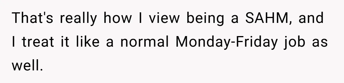 Man Thinks His Stay-At-Home Wife Should Handle Most Of The Housework Since He Pays All The Bills, Is He Wrong? That's really how I view being a SAHM, and I treat it like a normal Monday-Friday job as well.