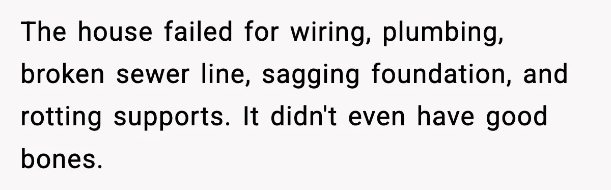 The house failed for wiring, plumbing, broken sewer line, sagging foundation, and rotting supports. It didn't even have good bones.
