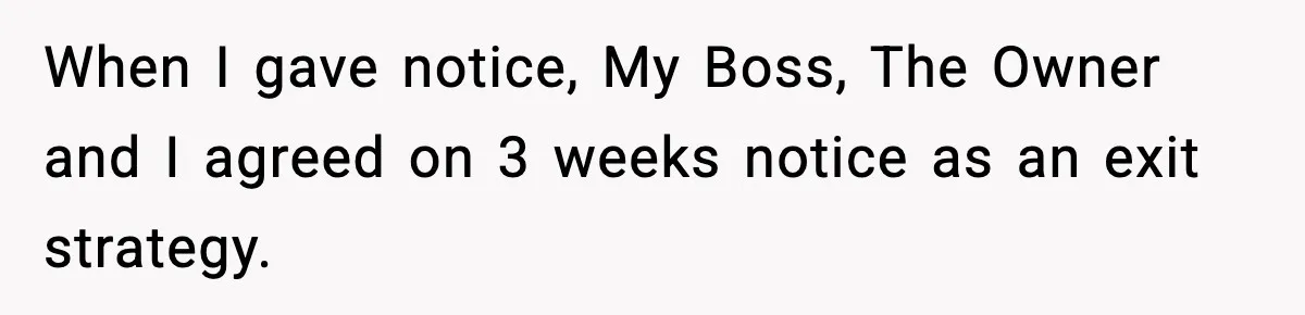 When I gave notice, My Boss, The Owner and I agreed on 3 weeks notice as an exit strategy.