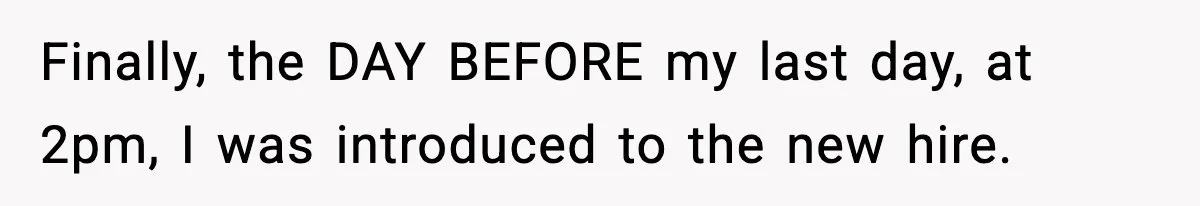 Finally, the DAY BEFORE my last day, at 2pm, I was introduced to the new hire.