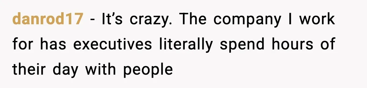 danrod17 − It’s crazy. The company I work for has executives literally spend hours of their day with people