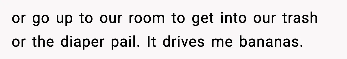 or go up to our room to get into our trash or the diaper pail. It drives me bananas.