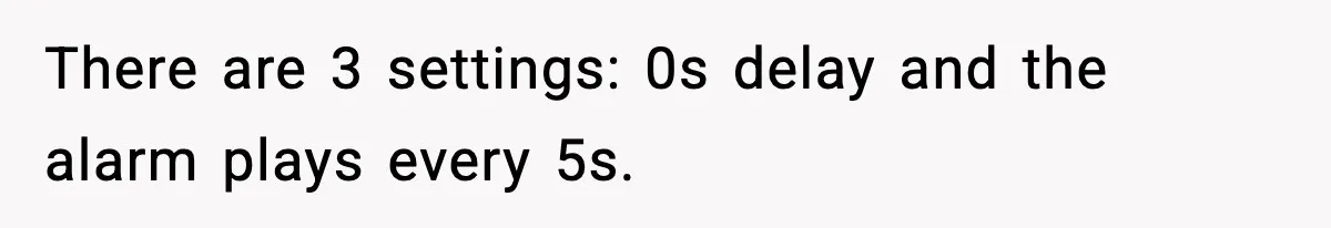 There are 3 settings: 0s delay and the alarm plays every 5s.