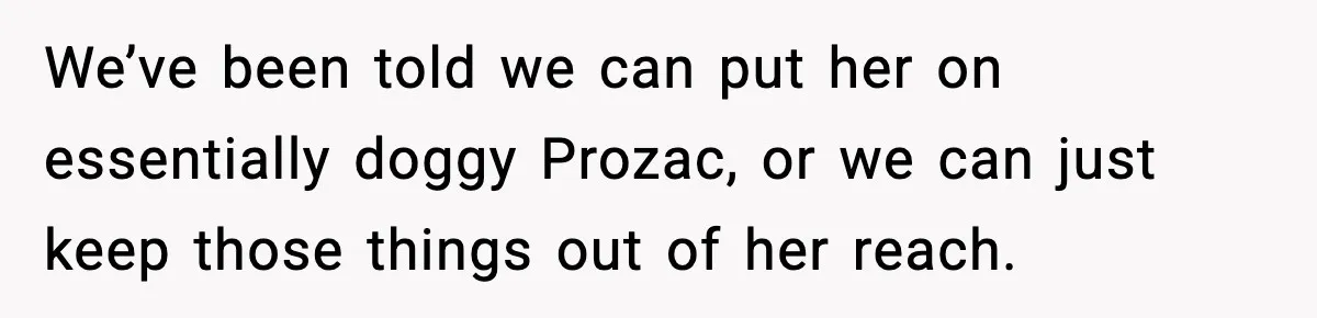 We’ve been told we can put her on essentially doggy Prozac, or we can just keep those things out of her reach.