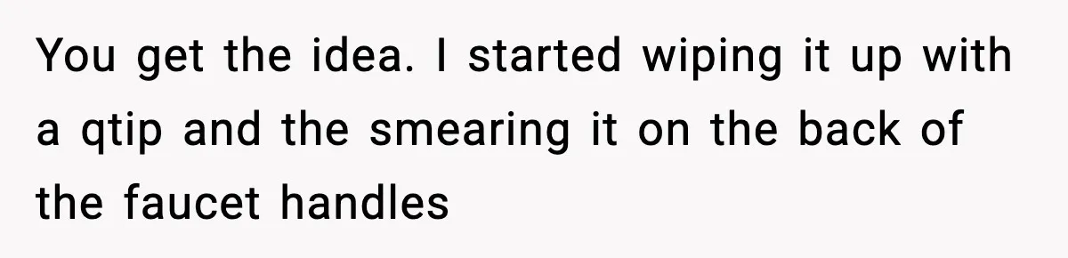 You get the idea. I started wiping it up with a qtip and the smearing it on the back of the faucet handles