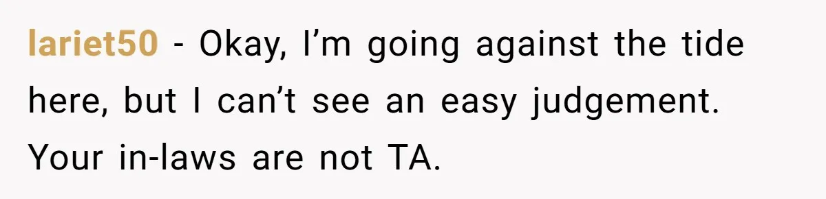 lariet50 − Okay, I’m going against the tide here, but I can’t see an easy judgement. Your in-laws are not TA.