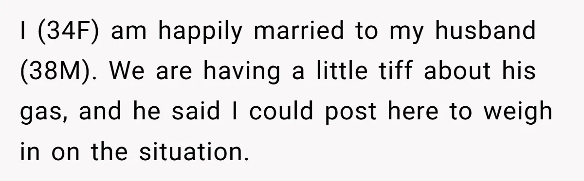 I (34F) am happily married to my husband (38M). We are having a little tiff about his gas, and he said I could post here to weigh in on the...