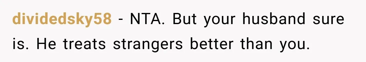 dividedsky58 − NTA. But your husband sure is. He treats strangers better than you.