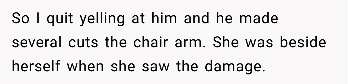 So I quit yelling at him and he made several cuts the chair arm. She was beside herself when she saw the damage.