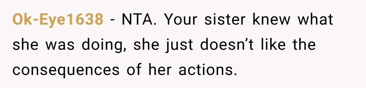 Ok-Eye1638 − NTA. Your sister knew what she was doing, she just doesn’t like the consequences of her actions.