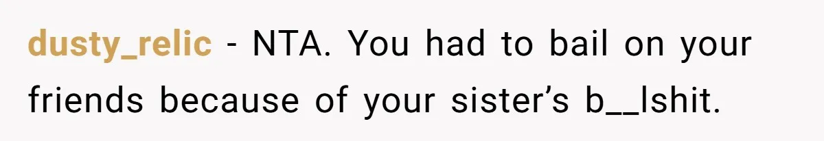 dusty_relic − NTA. You had to bail on your friends because of your sister’s b__lshit.