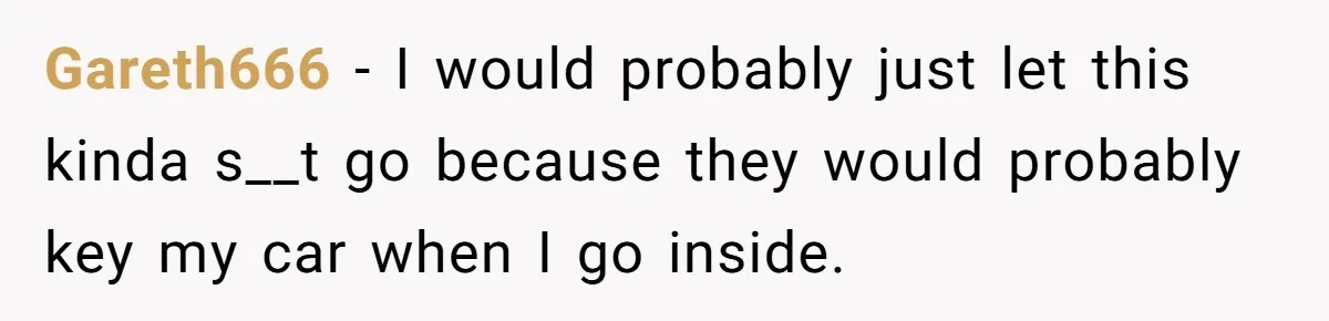 Gareth666 − I would probably just let this kinda s__t go because they would probably key my car when I go inside.