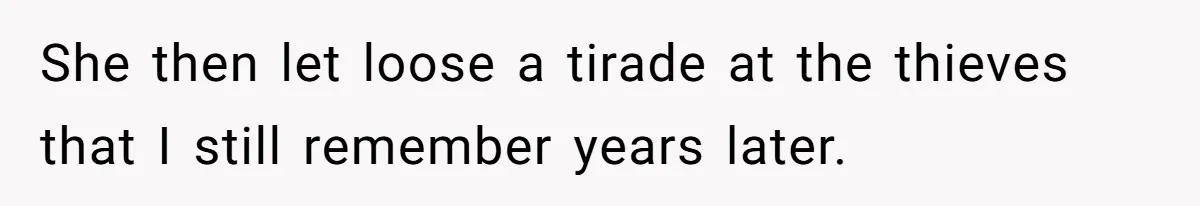 She then let loose a tirade at the thieves that I still remember years later.