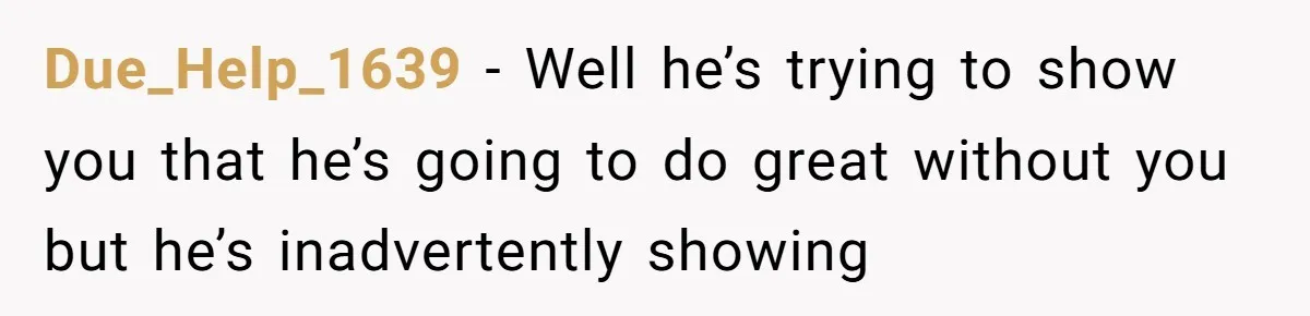Due_Help_1639 − Well he’s trying to show you that he’s going to do great without you but he’s inadvertently showing