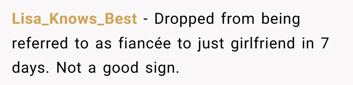 Lisa_Knows_Best − Dropped from being referred to as fiancée to just girlfriend in 7 days. Not a good sign.