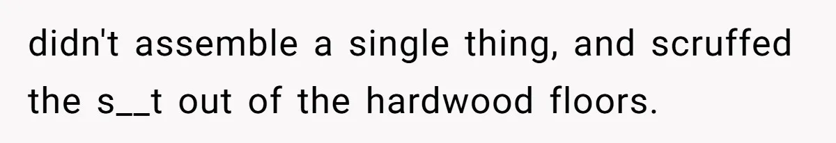 didn't assemble a single thing, and scruffed the s__t out of the hardwood floors.