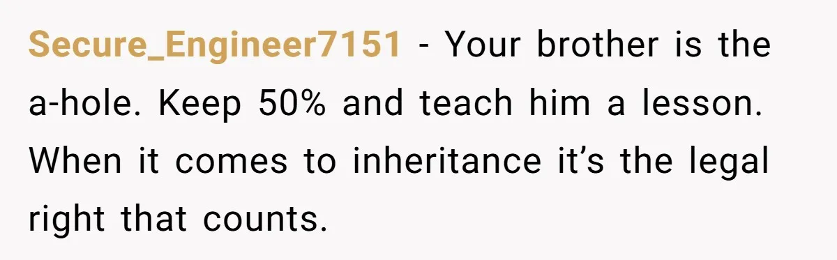 Brother Demands Entire Inheritance After Sister Pays Out-Of-Pocket for Mom’s Professional Care Secure_Engineer7151 − Your brother is the a-hole. Keep 50% and teach him a lesson. When it comes to inheritance it’s the legal right that counts.