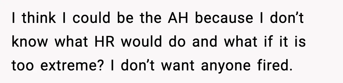 I think I could be the AH because I don’t know what HR would do and what if it is too extreme? I don’t want anyone fired.