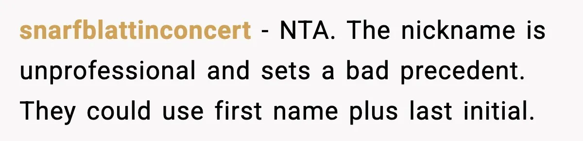 snarfblattinconcert - NTA. The nickname is unprofessional and sets a bad precedent. They could use first name plus last initial.
