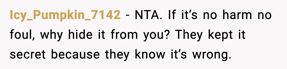 Icy_Pumpkin_7142 - NTA. If it’s no harm no foul, why hide it from you? They kept it secret because they know it’s wrong.
