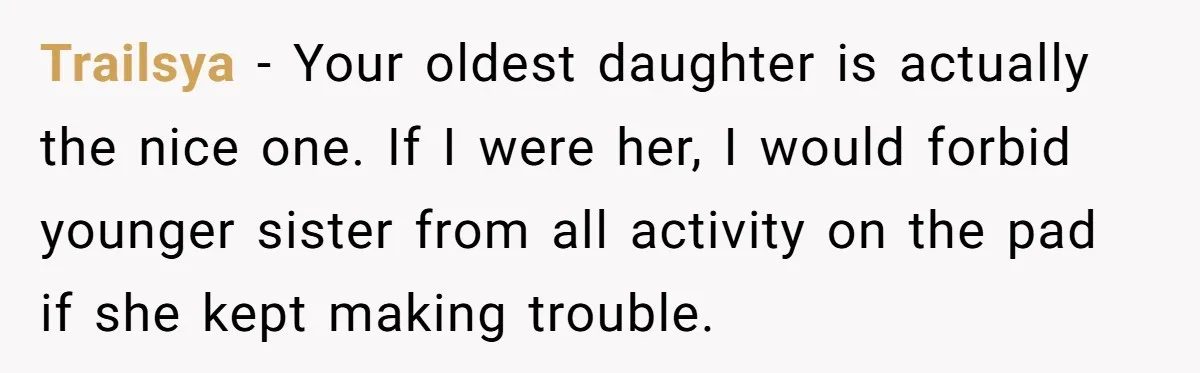 16-Year-Old Buys Her Own Tablet But Is Called a Bully for Setting House Rules Trailsya − Your oldest daughter is actually the nice one. If I were her, I would forbid younger sister from all activity on the pad if she kept making trouble.