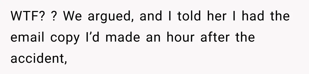 WTF? ? We argued, and I told her I had the email copy I’d made an hour after the accident,