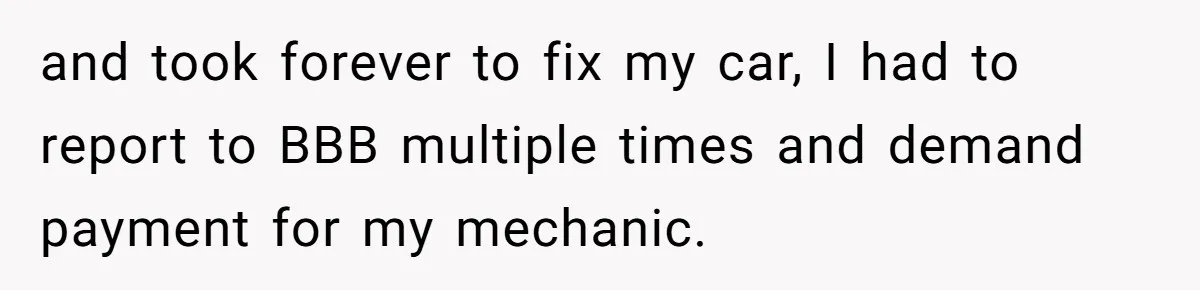 and took forever to fix my car, I had to report to BBB multiple times and demand payment for my mechanic.