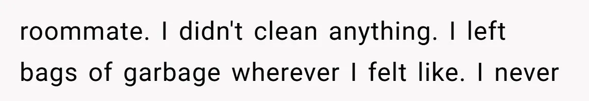 roommate. I didn't clean anything. I left bags of garbage wherever I felt like. I never