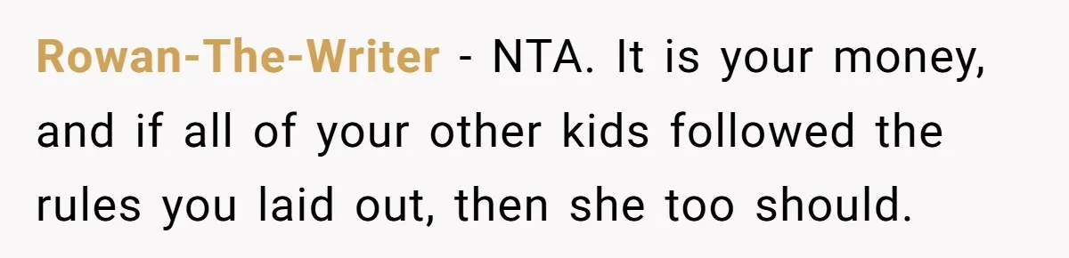 Rowan-The-Writer − NTA. It is your money, and if all of your other kids followed the rules you laid out, then she too should.
