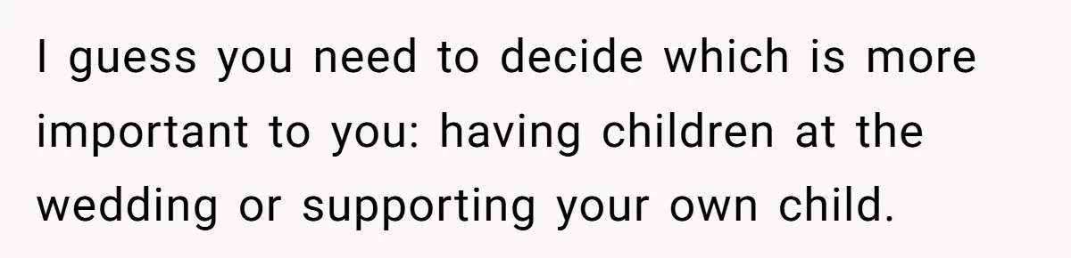 I guess you need to decide which is more important to you: having children at the wedding or supporting your own child.