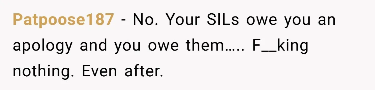 Patpoose187 − No. Your SILs owe you an apology and you owe them….. F__king nothing. Even after.