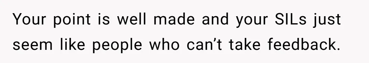 Your point is well made and your SILs just seem like people who can’t take feedback.