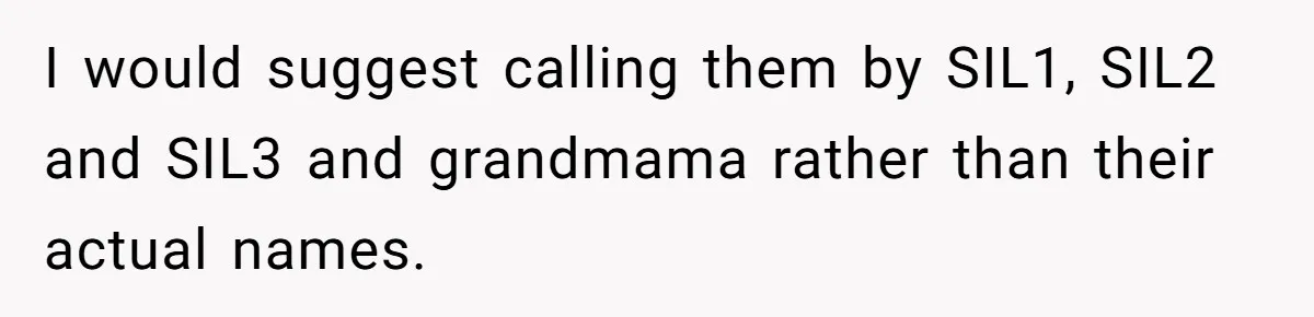 I would suggest calling them by SIL1, SIL2 and SIL3 and grandmama rather than their actual names.