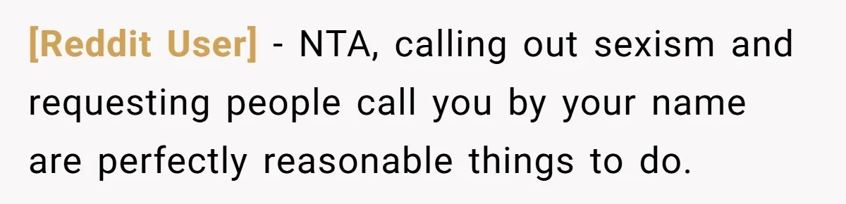 [Reddit User] − NTA, calling out sexism and requesting people call you by your name are perfectly reasonable things to do.