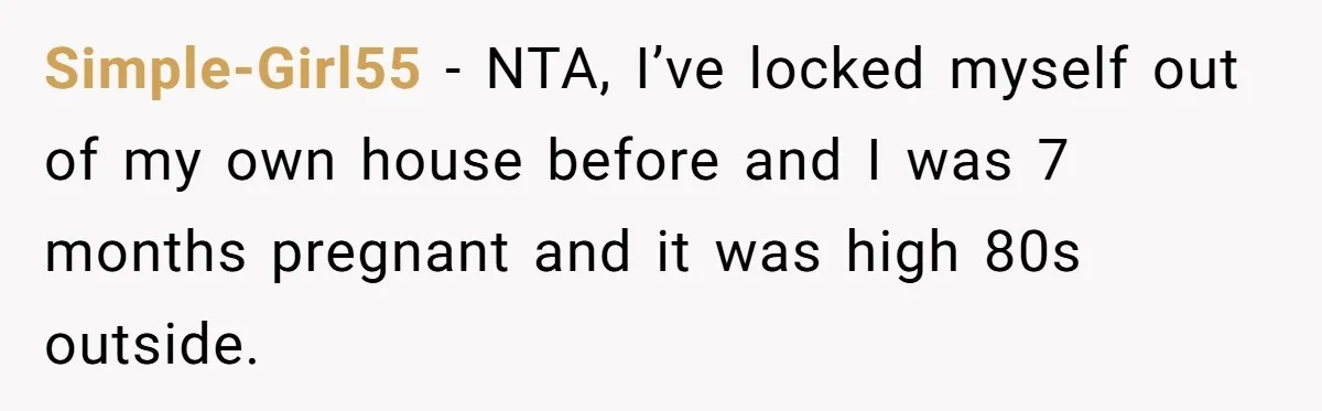 Simple-Girl55 − NTA, I’ve locked myself out of my own house before and I was 7 months pregnant and it was high 80s outside.