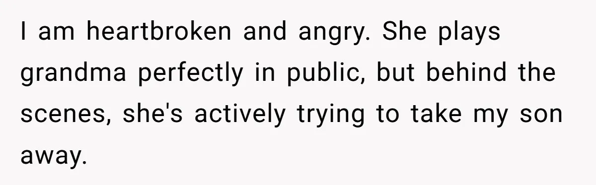 I am heartbroken and angry. She plays grandma perfectly in public, but behind the scenes, she's actively trying to take my son away.