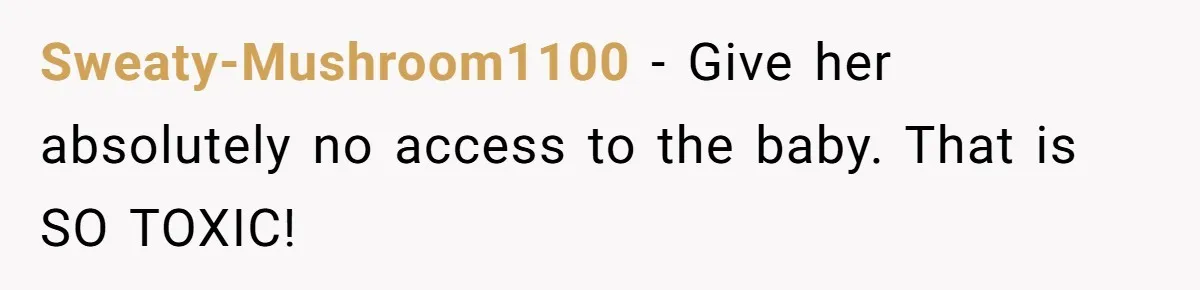 Sweaty-Mushroom1100 − Give her absolutely no access to the baby. That is SO TOXIC!