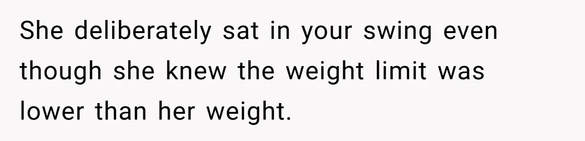 She deliberately sat in your swing even though she knew the weight limit was lower than her weight.