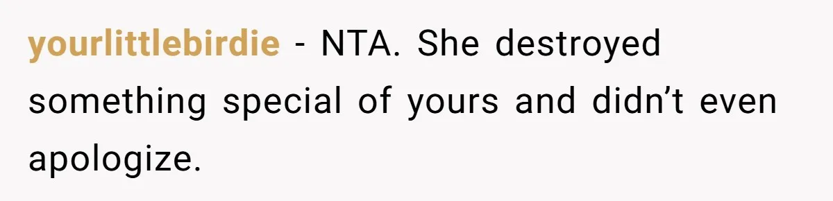 yourlittlebirdie − NTA. She destroyed something special of yours and didn’t even apologize.