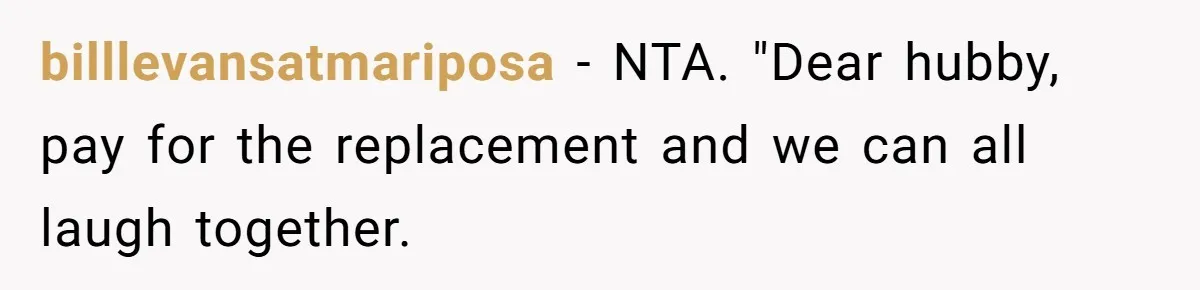 billlevansatmariposa − NTA. "Dear hubby, pay for the replacement and we can all laugh together.
