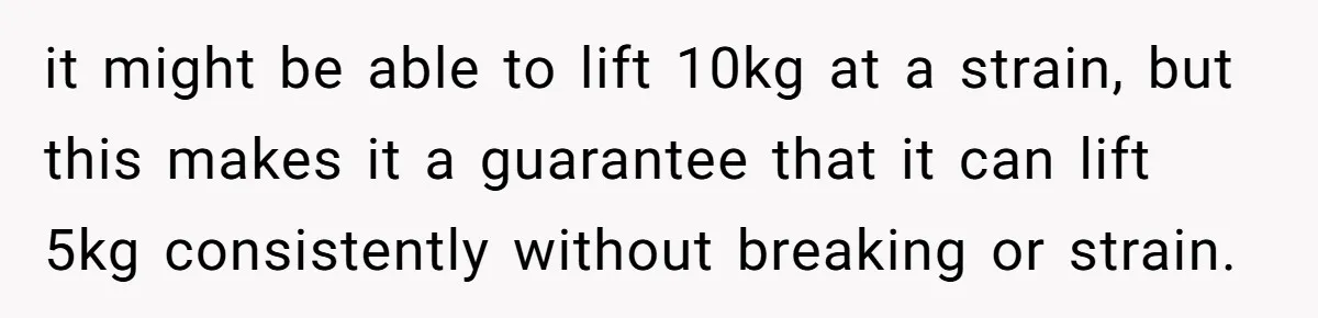 it might be able to lift 10kg at a strain, but this makes it a guarantee that it can lift 5kg consistently without breaking or strain.