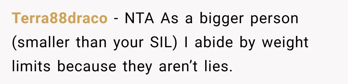 Terra88draco − NTA As a bigger person (smaller than your SIL) I abide by weight limits because they aren’t lies.