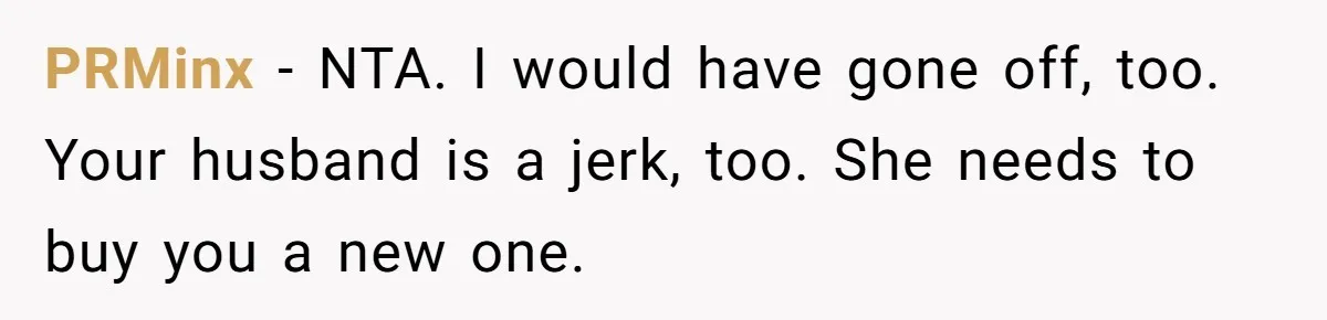 PRMinx − NTA. I would have gone off, too. Your husband is a jerk, too. She needs to buy you a new one.